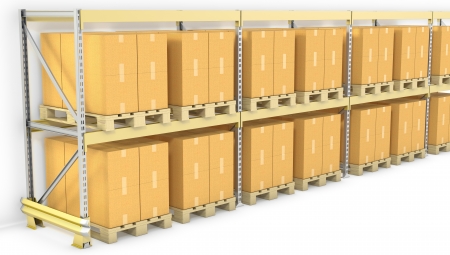 Row of pallet racks with boxes, isolated on white backgroundの写真素材