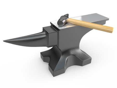 Hammer on a metal anvil isolated on white backgroundの写真素材