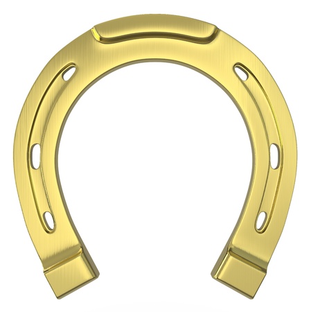 Single scratched golden horseshoe isolated on white backgroundの写真素材