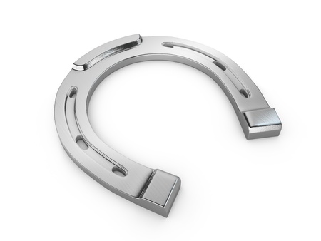 Single scratched silver horseshoe isolated on white backgroundの写真素材