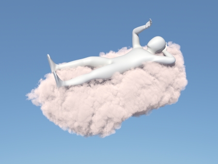 Abstract white man relaxing on a cloud in the skyの写真素材