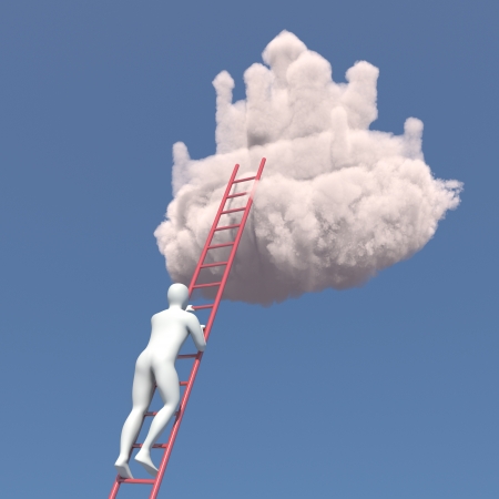 Abstract white man climbs to the cloud castle in the skyの写真素材