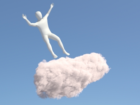 Abstract white man falls of the cloud in the skyの写真素材
