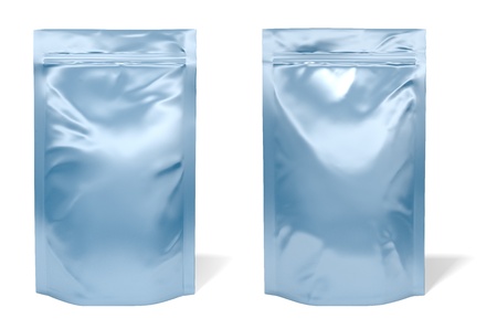 Blue foil bag package isolated on white backgroundの写真素材