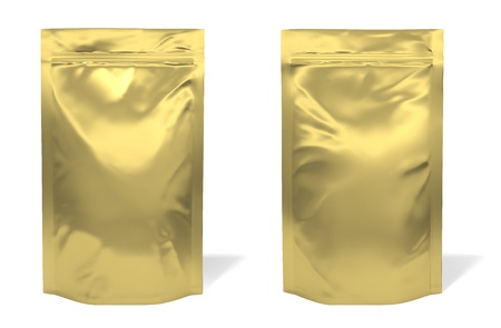 Golden foil bag package isolated on white backgroundの写真素材