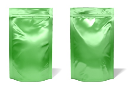 Green foil bag package isolated on white backgroundの写真素材