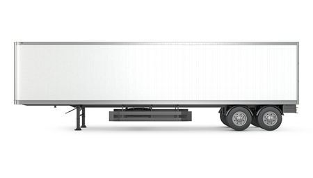 Blank white parked semi trailer, side view, isolated on white background