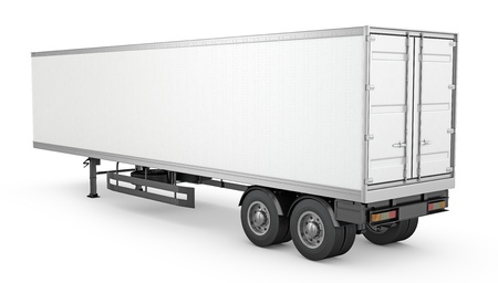 Blank white parked semi trailer, isolated on white backgroundの写真素材