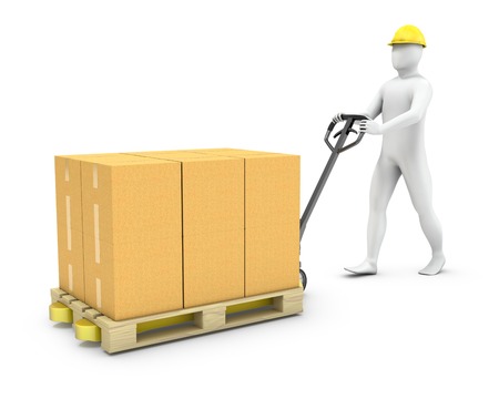 Abstract worker moves cargo on a pallet jack, isolated on white backgroundの写真素材