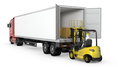 Forklift unloads or loads white blank semi-trailer isolated on white backgroundの写真素材