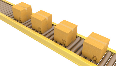 Roller conveyor with carton boxes isolated on white backgroundの写真素材