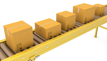 Roller conveyor with carton boxes isolated on white backgroundの写真素材