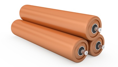 Orange plastic for drum conveyor isolated on white backgroundの写真素材