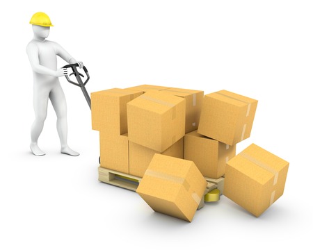 Boxes fell of a pallet jack, isolated on white backgroundの写真素材