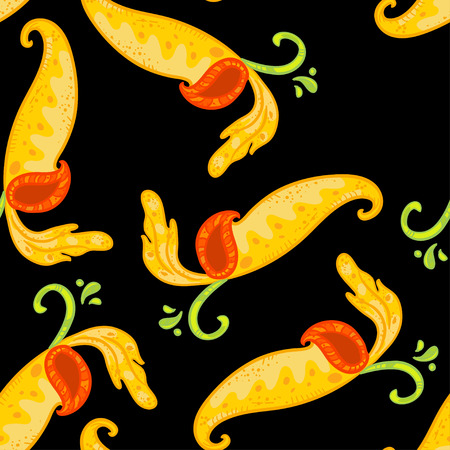 Vector seamless floral pattern with Nepenthes. Beautiful  pattern on black background. Floral pattern. Floral pattern with bright yellow nepenthes.のイラスト素材