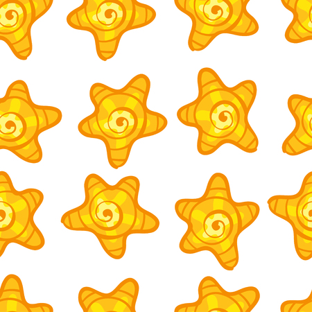 Vector seamless star pattern. Seamless pattern with cartoon yellow sea stars. Cute doodle colorful sea stars pattern  on white background. Bright cartoon pattern. Beautiful yellow orange sea stars.のイラスト素材