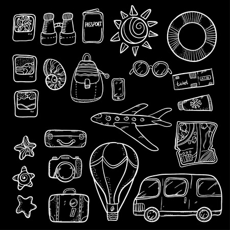 Vector set. Vector illustration with many objects. Illustration set with doodle style things on black background. Blackboard style.のイラスト素材