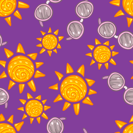 Vector seamless sun pattern on purple background. Sunny background. Bright sun background with sun glasses. Cute doodle sun. Sunny weather.のイラスト素材