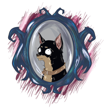 Vector illustration with cute toy terrier. Little scared dog. Big mirror. Little dog with very big eyes. Scared toy terrier illustration on white background.のイラスト素材
