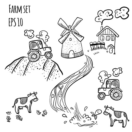 Village doodle set. Farm illustration doodle set. Cute farm doodles with mill and cow on white background.のイラスト素材