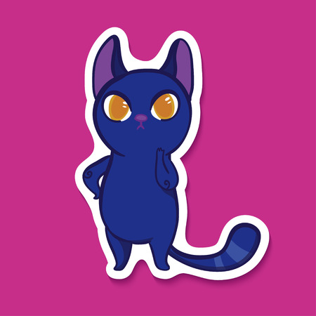 Vector sticker with funny blue emotion cat. Thinking cat. Don't know what to do. Emotion sticker on bright pink background. Cartoon cat.のイラスト素材