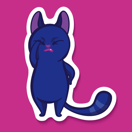 Vector sticker with funny blue emotion cat. Facepalm cat. Emotion sticker on bright pink background. Cartoon cat. Oh, my GOD. It's awful!のイラスト素材