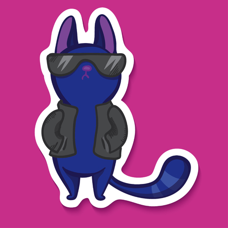 Vector sticker with funny blue emotion cat. Very cool cat. Emotion sticker on bright pink background. Cartoon cool cat. So cool! Doodle cat with black gtasses.のイラスト素材