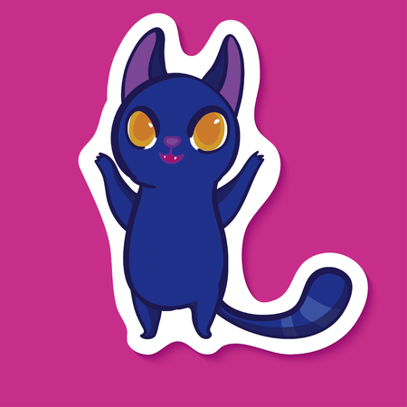 Vector sticker with funny blue emotion cat. Very funny cat. Emotion sticker on bright pink background. Cartoon happy and cheerful cat. Wonderful life! Great mood. Good mood.のイラスト素材