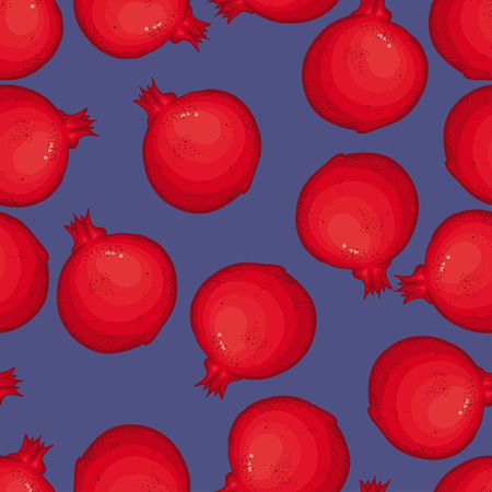 Vector seamless pattern with delicious pomegranate on violet background. Thai fruit pattern. Juicy pattern. Summer bright pattern. Frutty pattern. Doodle pattern with cartoon fruits.のイラスト素材