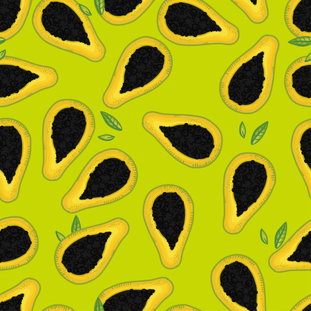 Vector seamless pattern with delicious papaya on green background. Thai fruit pattern. Juicy pattern. Summer bright pattern. Frutty pattern. Doodle pattern with cartoon fruits.のイラスト素材