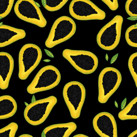 Vector seamless pattern with delicious papaya on black background. Thai fruit pattern. Juicy pattern. Summer bright pattern. Frutty pattern. Doodle pattern with cartoon fruits.のイラスト素材