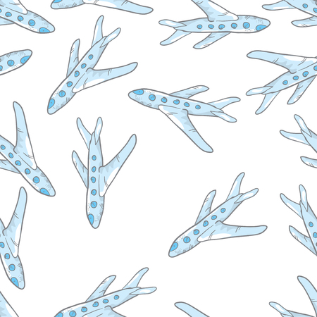 Vector seamless pattern with cartoon handy planes. Trip pattern, Flight pattern, Aircompany pattern. Seamless doodle pattern on white background.のイラスト素材