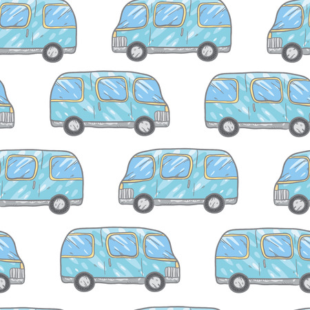 Vector seamless pattern with doodle cartoon cute bases. Wonderful kids pattern with transport. Cool cars on white background. Vector bus.のイラスト素材