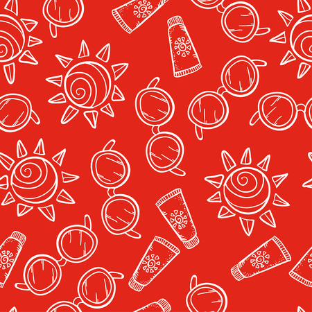 Vector seamless pattern with  sunblock cream, sun and sun glasses on red background. Vacation wonderful sketch pattern. Vacation doodle pattern.のイラスト素材