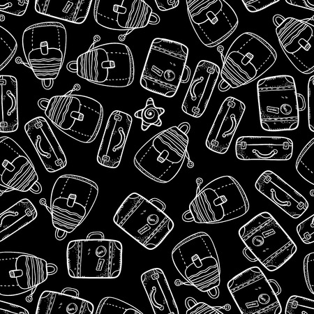 Vector seamless pattern with suitcases on black background. Wonderful trip pattern. Vacation pattern. Doodle and cartoon suitcases pattern. Backpack texture.のイラスト素材