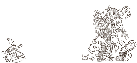 Vector line art illustration with mermaid for coloringのイラスト素材