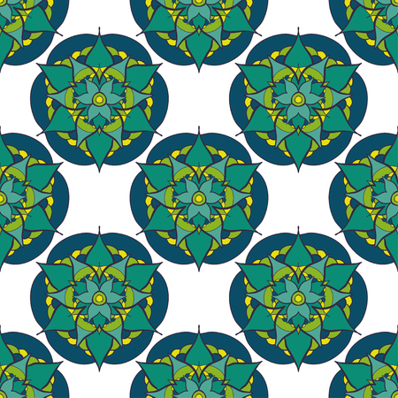 seamless pattern with green blue mandala on white backgroundのイラスト素材