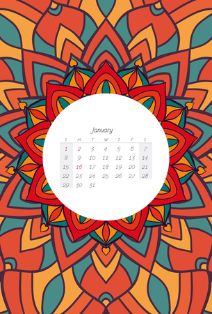 January calendar 2017 mandala ribal styleのイラスト素材