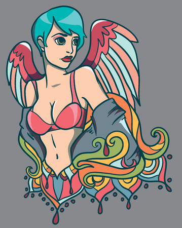 Illustration with sexy girl angel and ornamentのイラスト素材