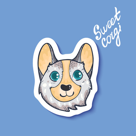vector sticker with grey cute corgi dog face. sweet puppy on blue backgroundのイラスト素材