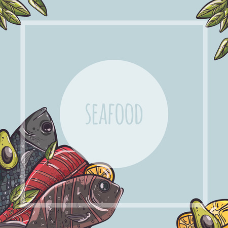 vector illustration set with seafood fish octopus fruitsのイラスト素材