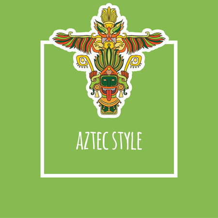 vector illustration frame with green orange line art totem on green background aztecのイラスト素材