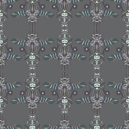 vector seamless pattern with grey totems aztec on dark grey backgroundのイラスト素材