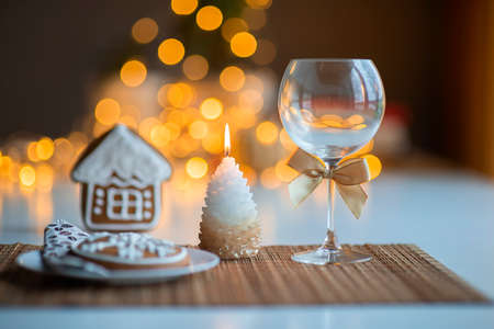 festive christmas atmosphere on the kitchen dinner tableの写真素材