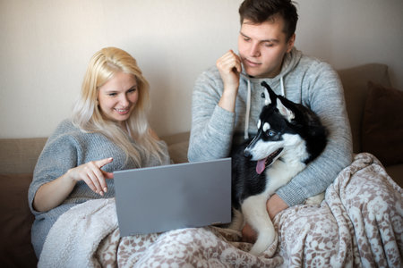 Young smiling couple relaxing on the couch at home with their dog and connecting online with a laptopの写真素材