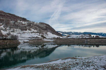 Aerial view of mountains lake Lungernersee, Lungern, Switzerlandの写真素材
