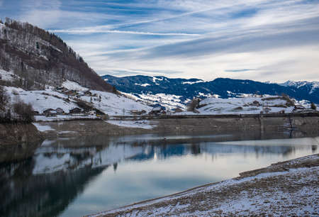 Aerial view of mountains lake Lungernersee, Lungern, Switzerlandの写真素材