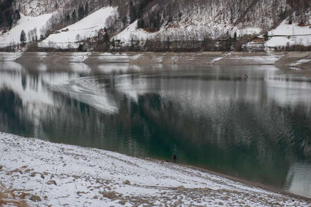 Aerial view of mountains lake Lungernersee, Lungern, Switzerlandの写真素材
