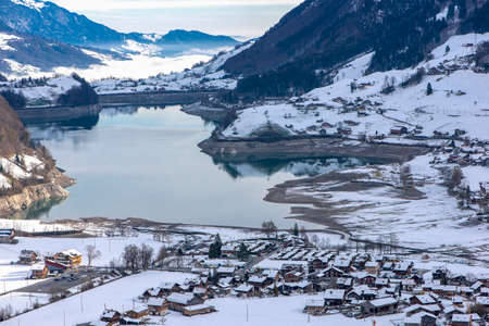 Aerial view of mountains lake Lungernersee, Lungern, Switzerlandの写真素材