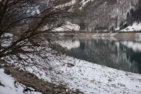 Aerial view of mountains lake Lungernersee, Lungern, Switzerlandの写真素材